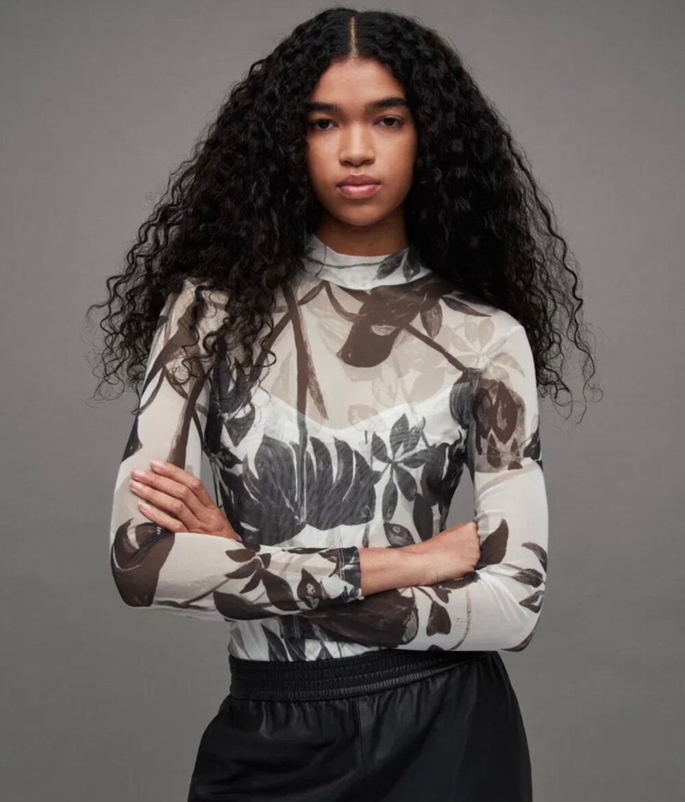AllSaints Ella Jackie Floral Print Sheer Mesh Long Sleeve Bodysuit XS